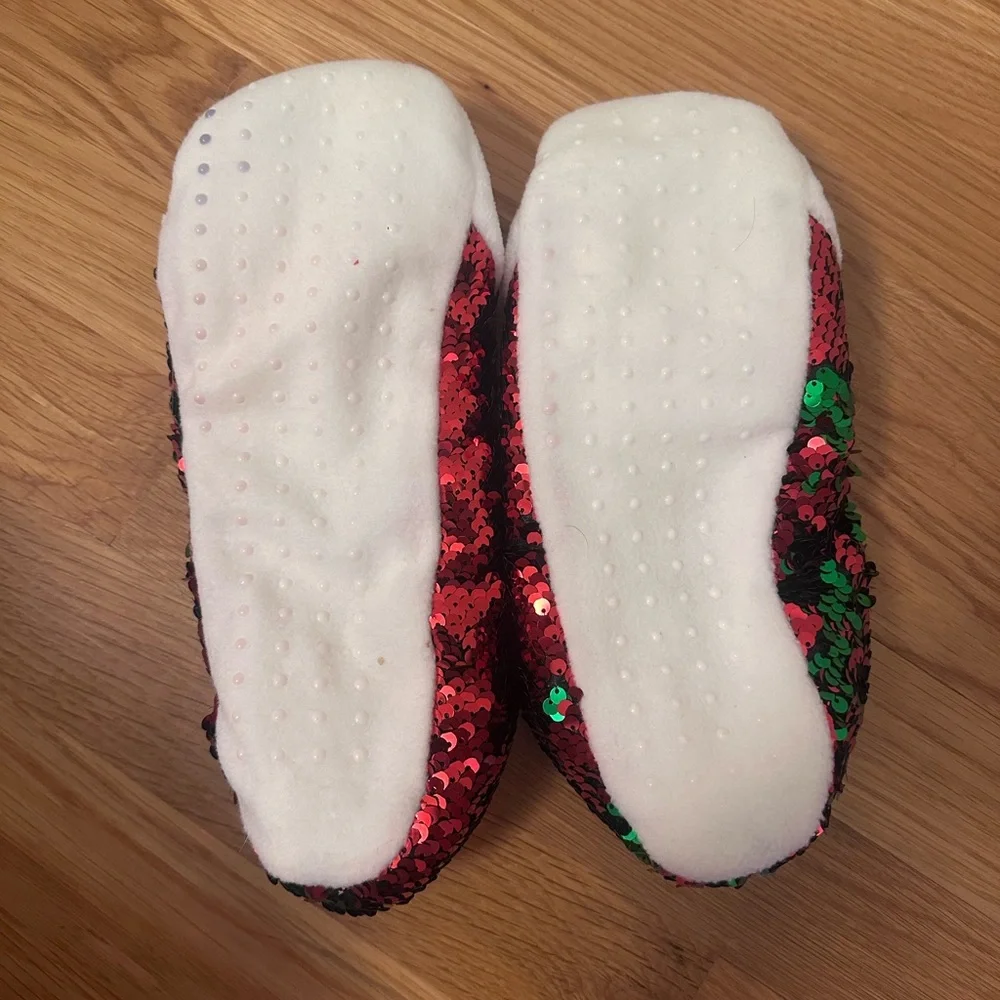 Holiday Santa Sequin Plush Slippers - Red & Green